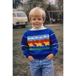 Vintage 1980s Toddler Dinosaur Sweater Sz 2T 2 Handknit Blue Wool Boy Girl Kids